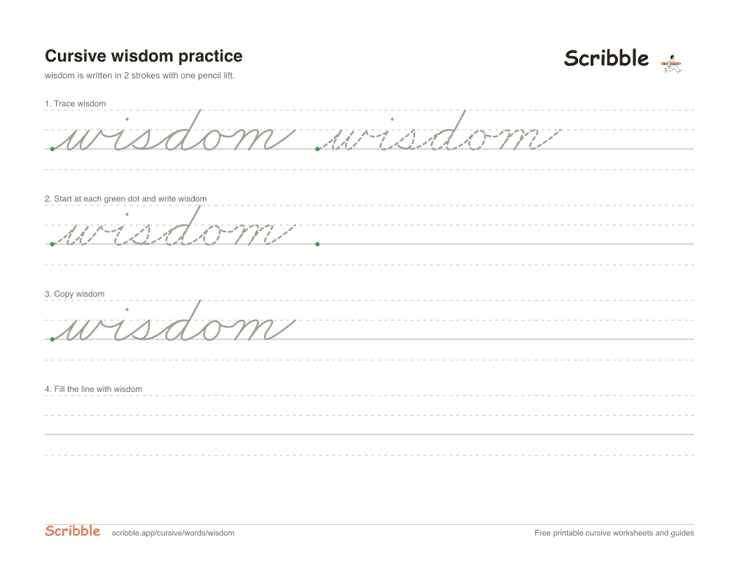 Preview of the printable wisdom in cursive worksheet: trace, copy, and practice rows
