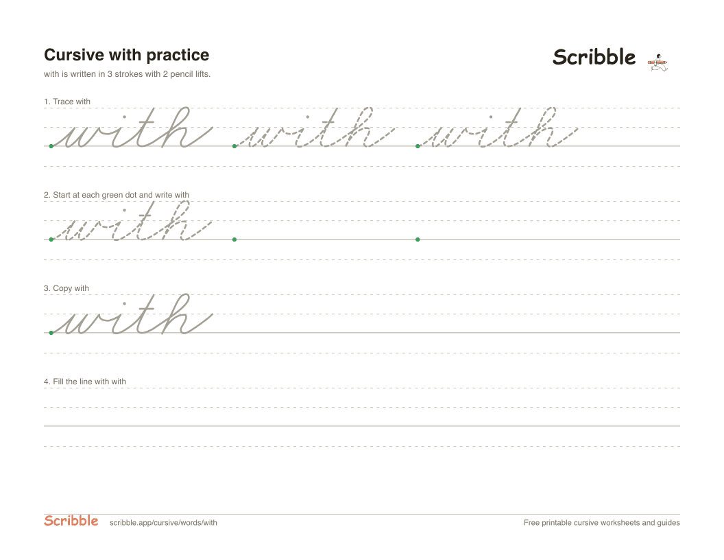 Preview of the printable with in cursive worksheet: trace, copy, and practice rows