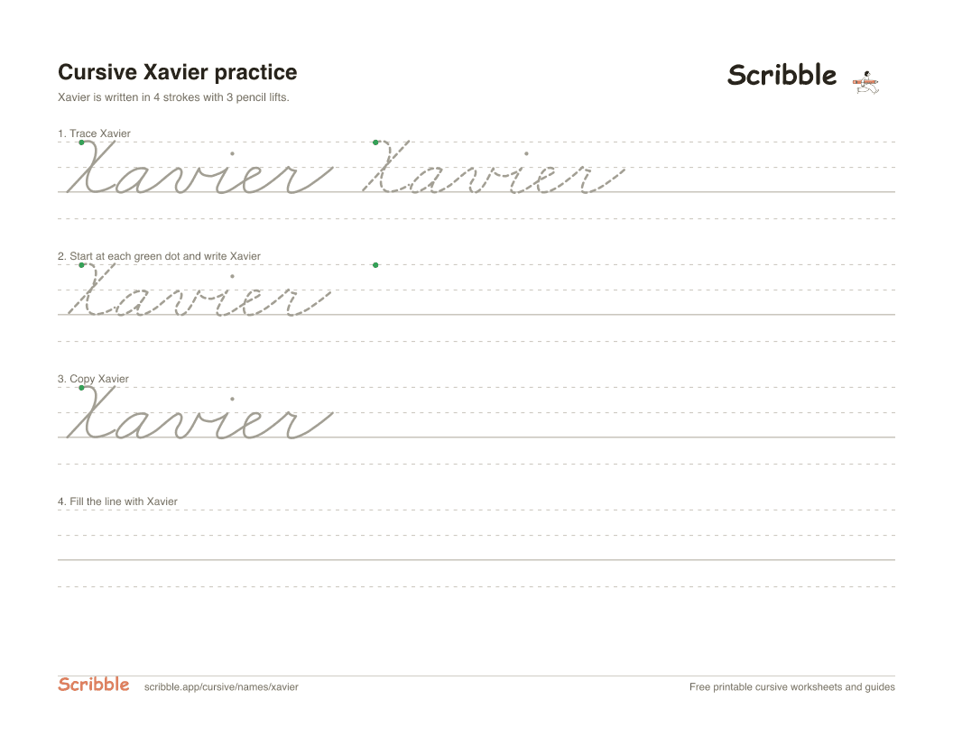 Preview of the printable Xavier in cursive worksheet: trace, copy, and practice rows