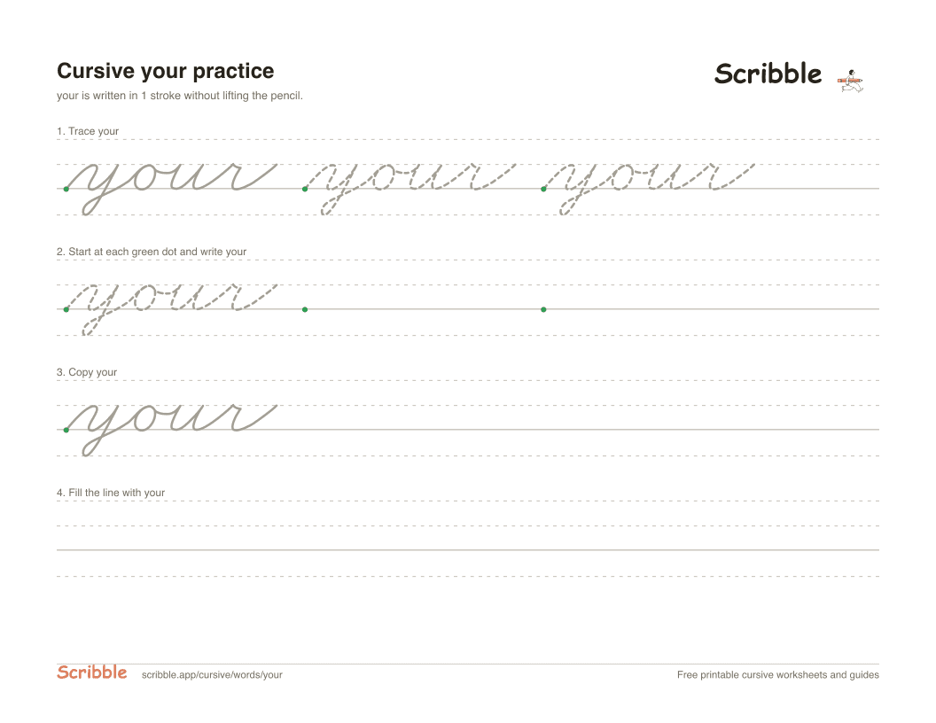 Preview of the printable your in cursive worksheet: trace, copy, and practice rows