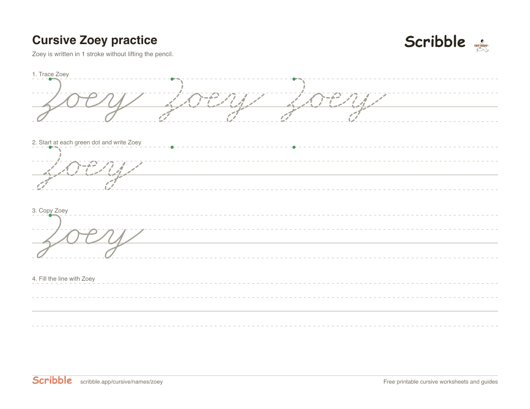 Preview of the printable Zoey in cursive worksheet: trace, copy, and practice rows