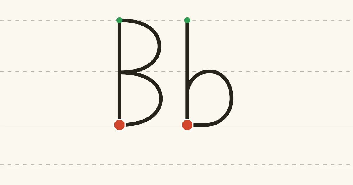 Capital B and lowercase b with green starting dots and red stopping marks on writing lines