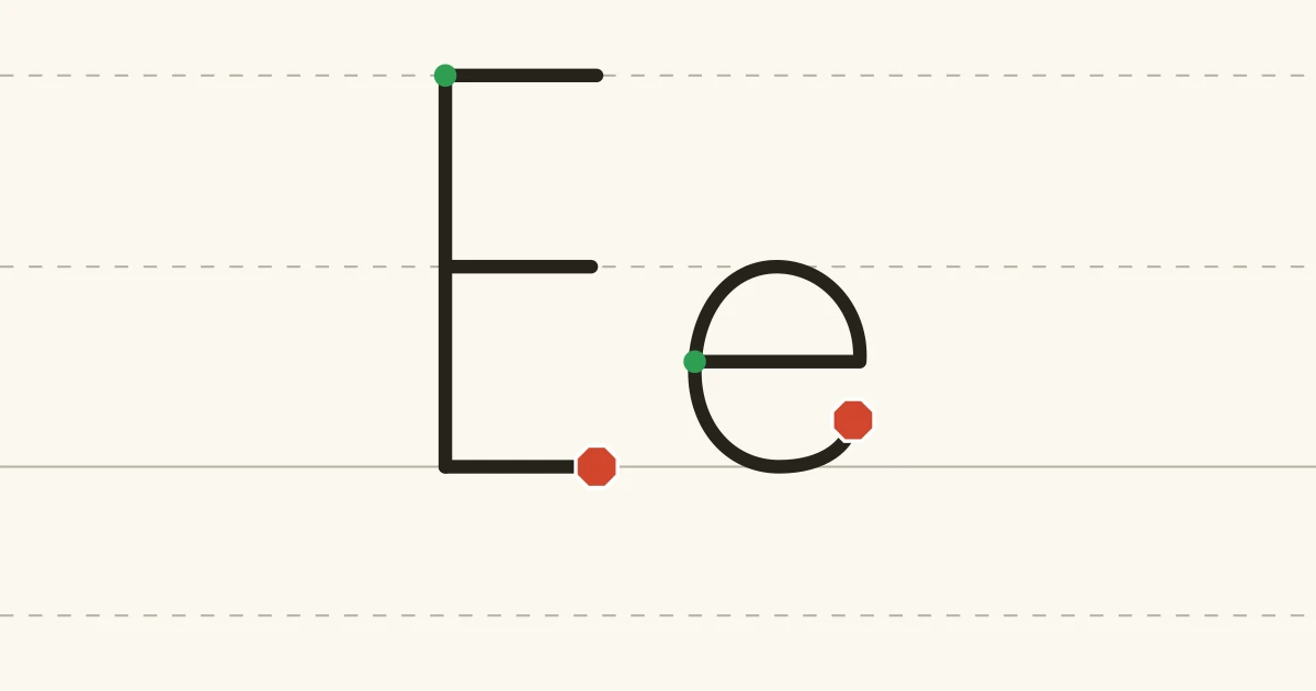 Capital E and lowercase e with green starting dots and red stopping marks on writing lines