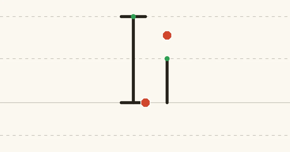 Capital I and lowercase i with green starting dots and red stopping marks on writing lines