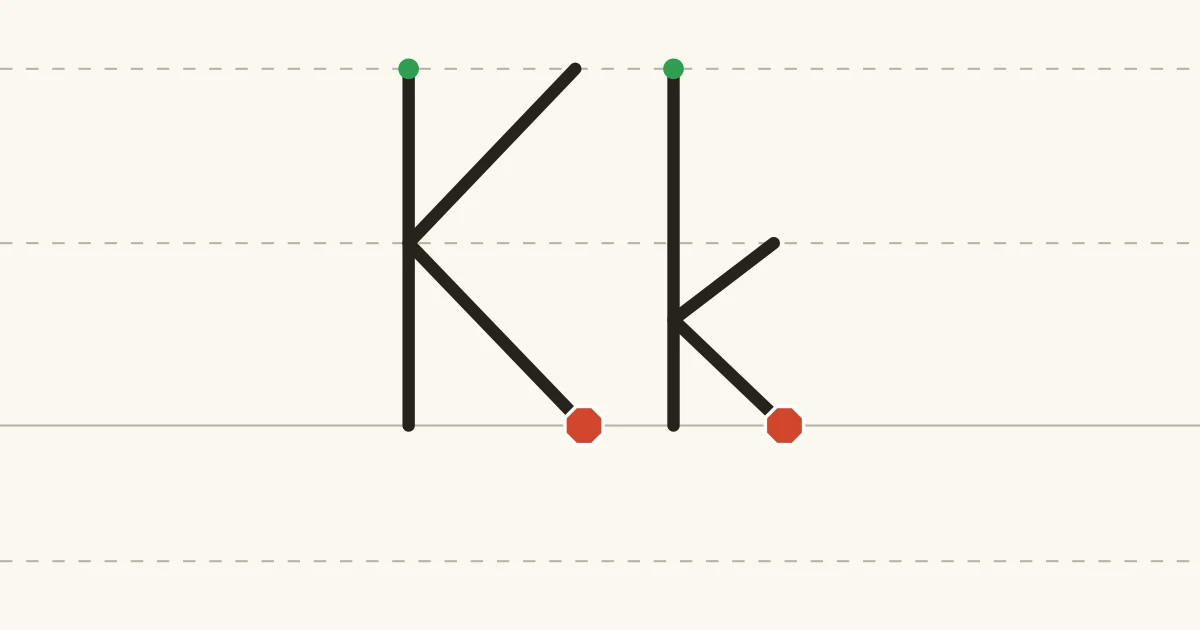 Capital K and lowercase k with green starting dots and red stopping marks on writing lines