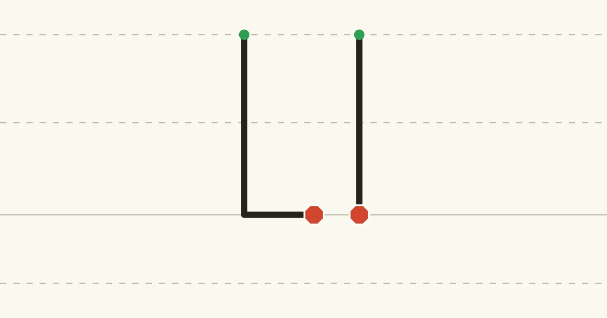 Capital L and lowercase l with green starting dots and red stopping marks on writing lines