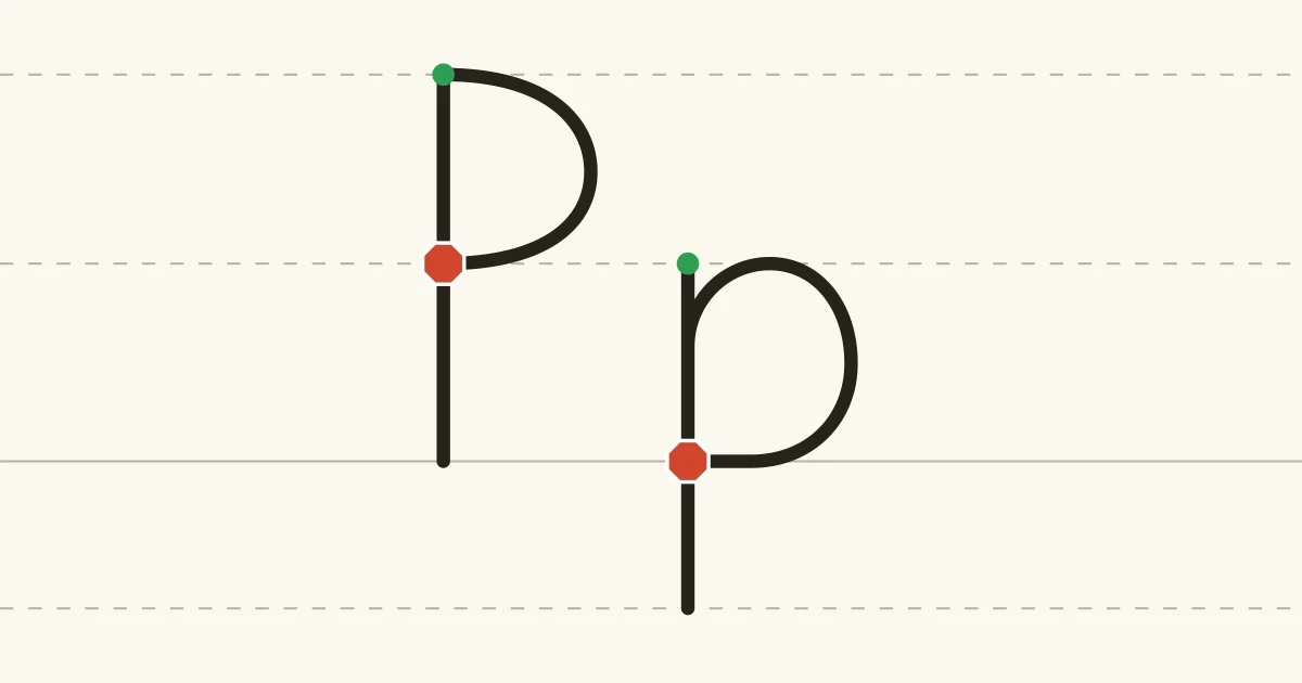 Capital P and lowercase p with green starting dots and red stopping marks on writing lines