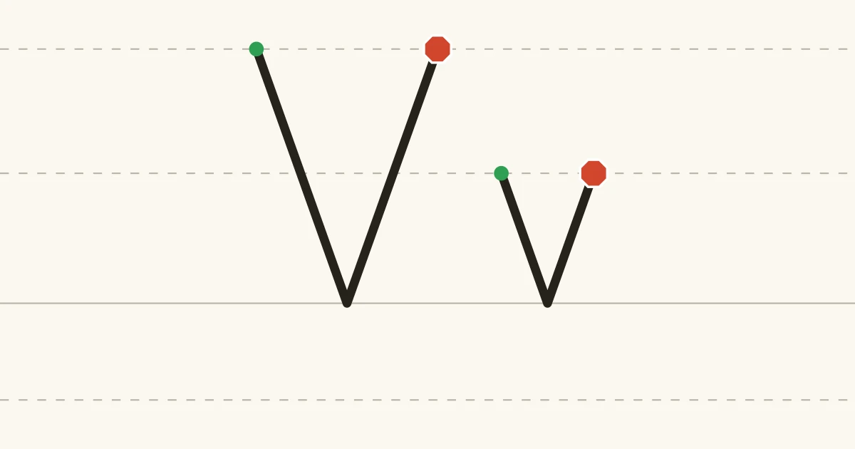 Capital V and lowercase v with green starting dots and red stopping marks on writing lines