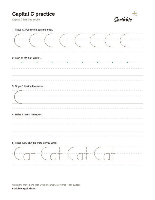 Preview of the free capital C tracing worksheet