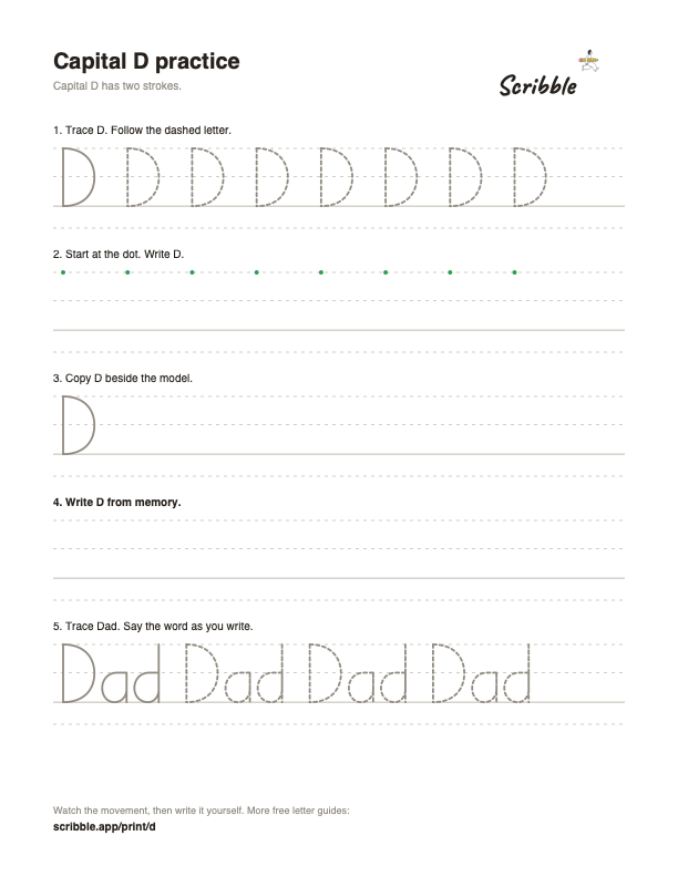 Preview of the free capital D tracing worksheet