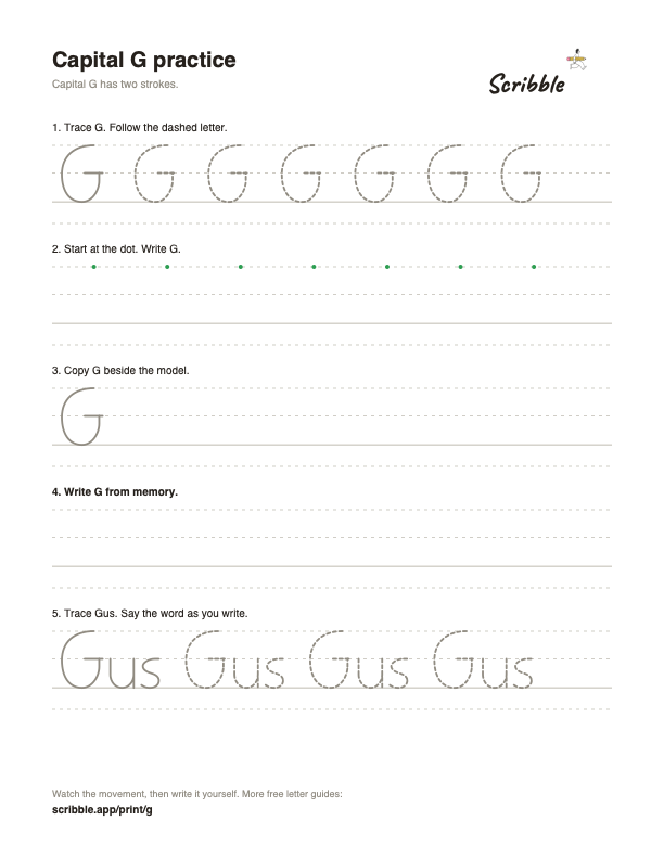 Preview of the free capital G tracing worksheet