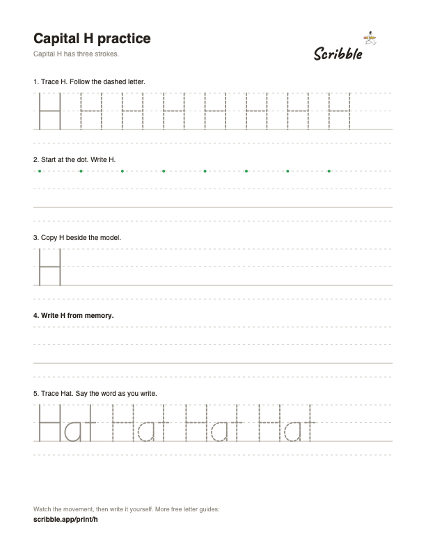 Preview of the free capital H tracing worksheet