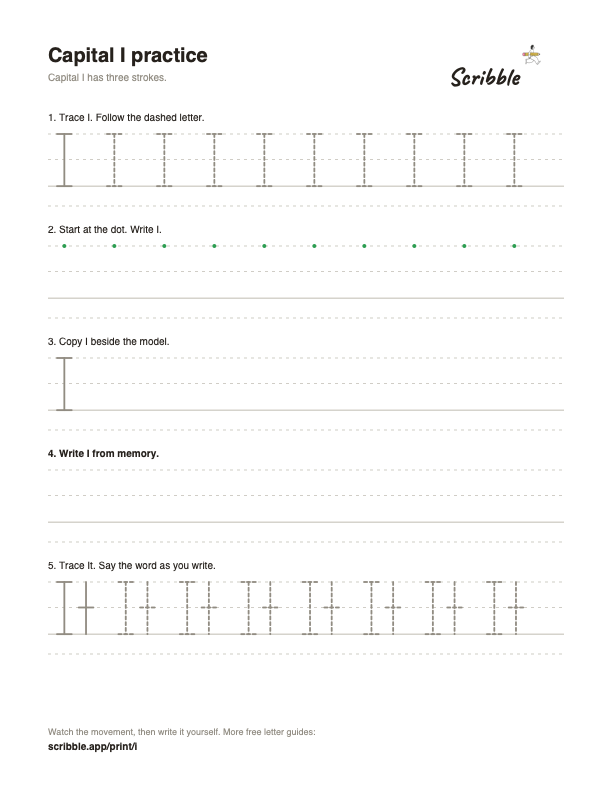 Preview of the free capital I tracing worksheet