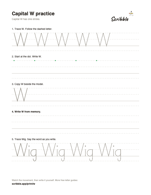 Preview of the free capital W tracing worksheet