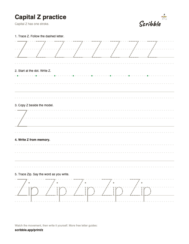 Preview of the free capital Z tracing worksheet