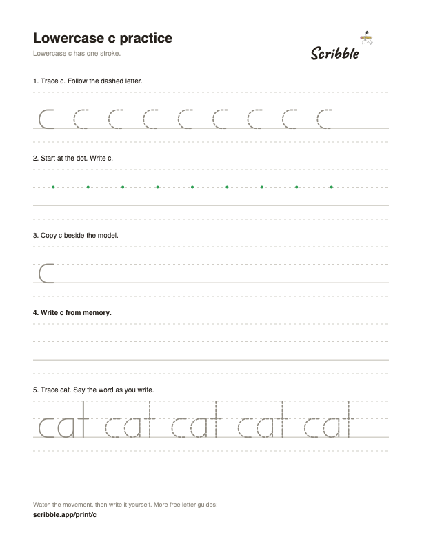 Preview of the free lowercase c tracing worksheet