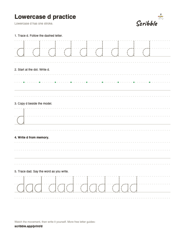 Preview of the free lowercase d tracing worksheet