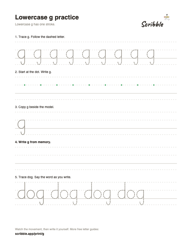 Preview of the free lowercase g tracing worksheet