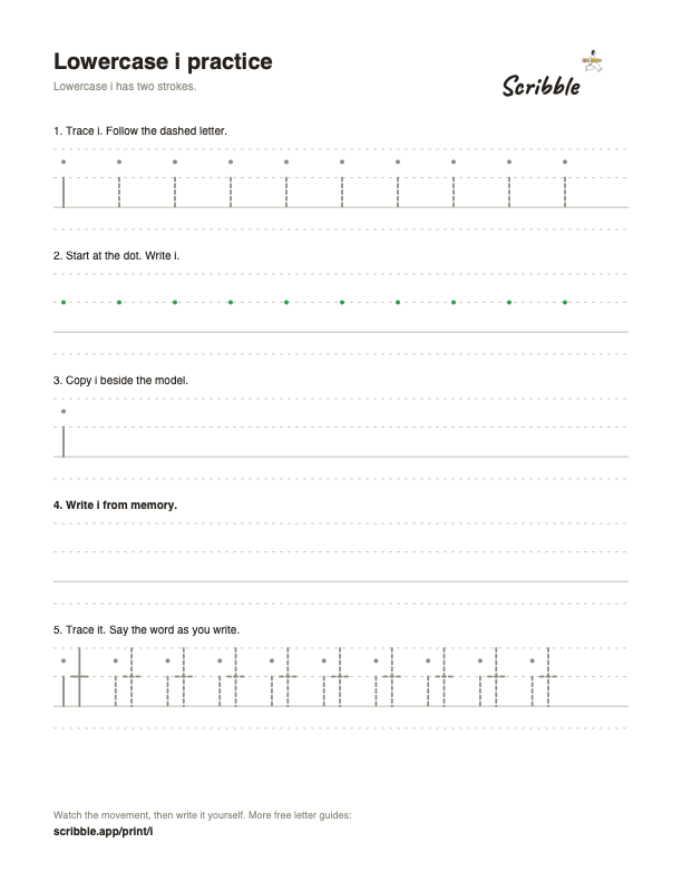 Preview of the free lowercase i tracing worksheet