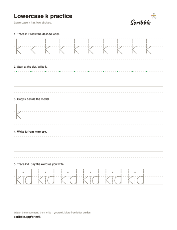 Preview of the free lowercase k tracing worksheet