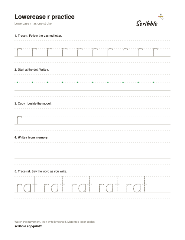 Preview of the free lowercase r tracing worksheet