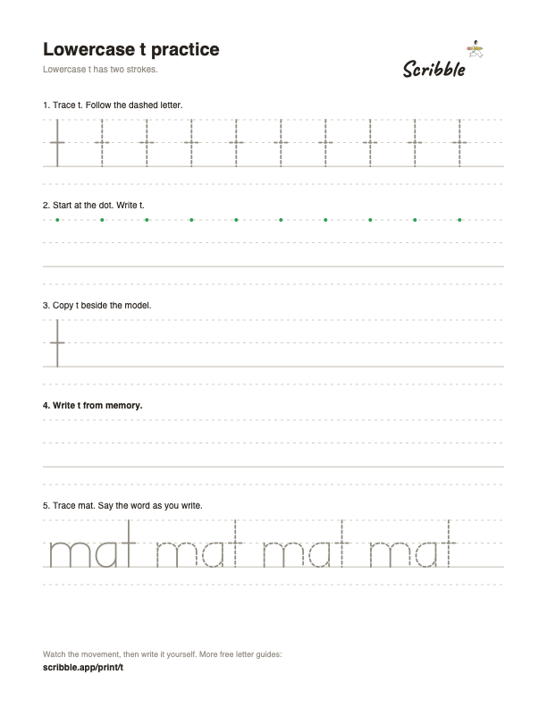 Preview of the free lowercase t tracing worksheet