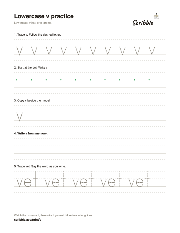 Preview of the free lowercase v tracing worksheet