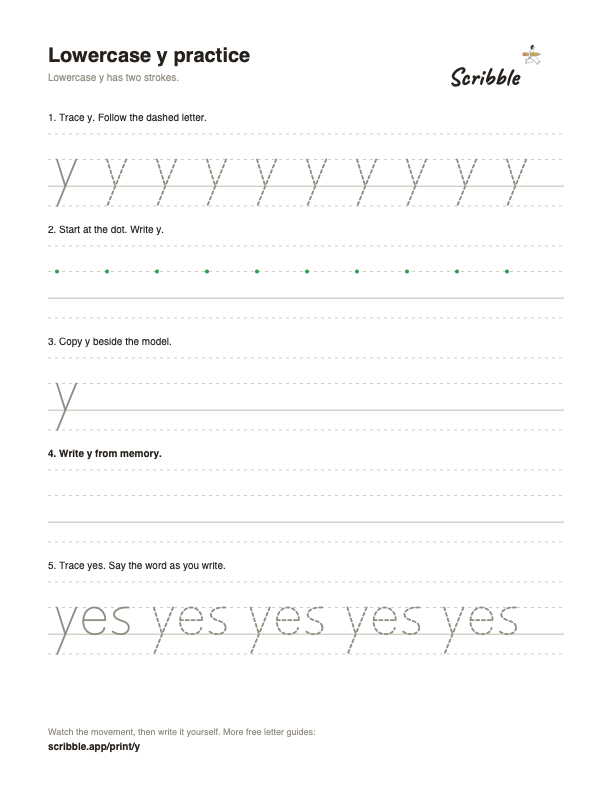 Preview of the free lowercase y tracing worksheet